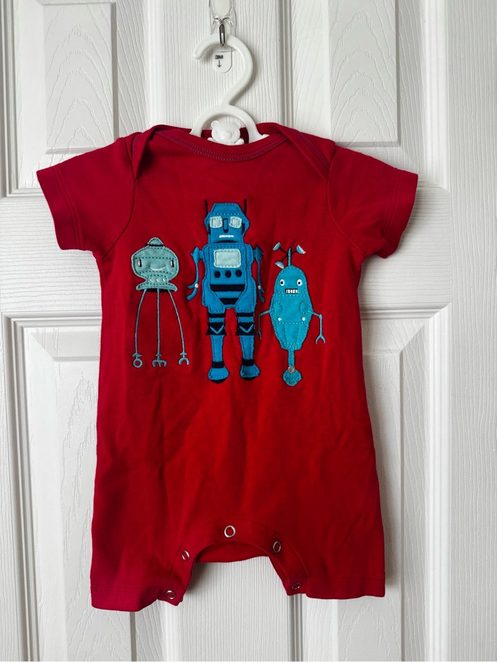 Red Kids Short-Sleeve One-Piece with Blue Robot Appliqués